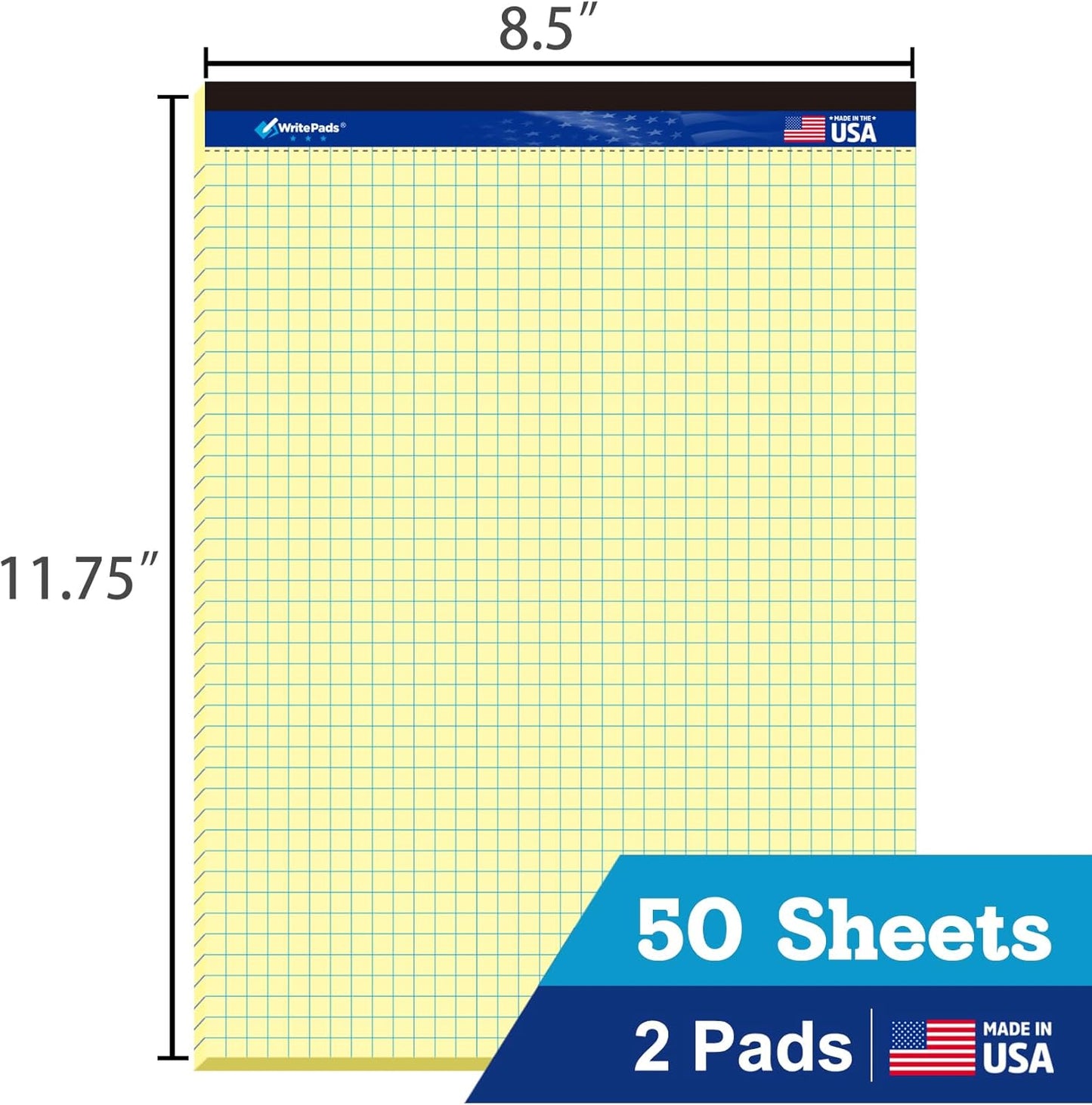 Graph Paper Pads 8.5 x 11, 4x4 Quad Ruled Graph Paper, 2 Pack, 50 Sheets Per Pad, White Graphing Paper Notebook with Sturdy Back & Micro-Perforated Pages, Made in USA, for School, Math, Drafting & Office