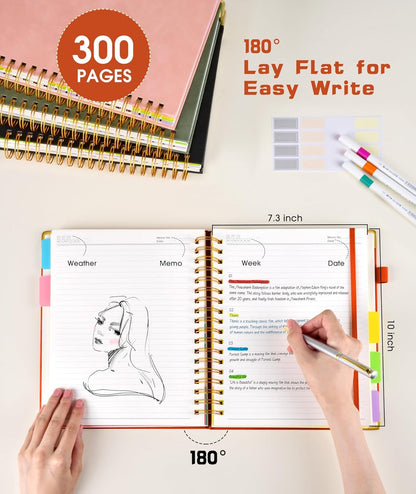 Hardcover Spiral Notebook Journal with Removable Dividers Tabs, 300 Pages Leather 5 Subject Notebook College Ruled, 8"x10" Large B5 Notebooks for Work School Note taking, Lined Journal for Women, Pink