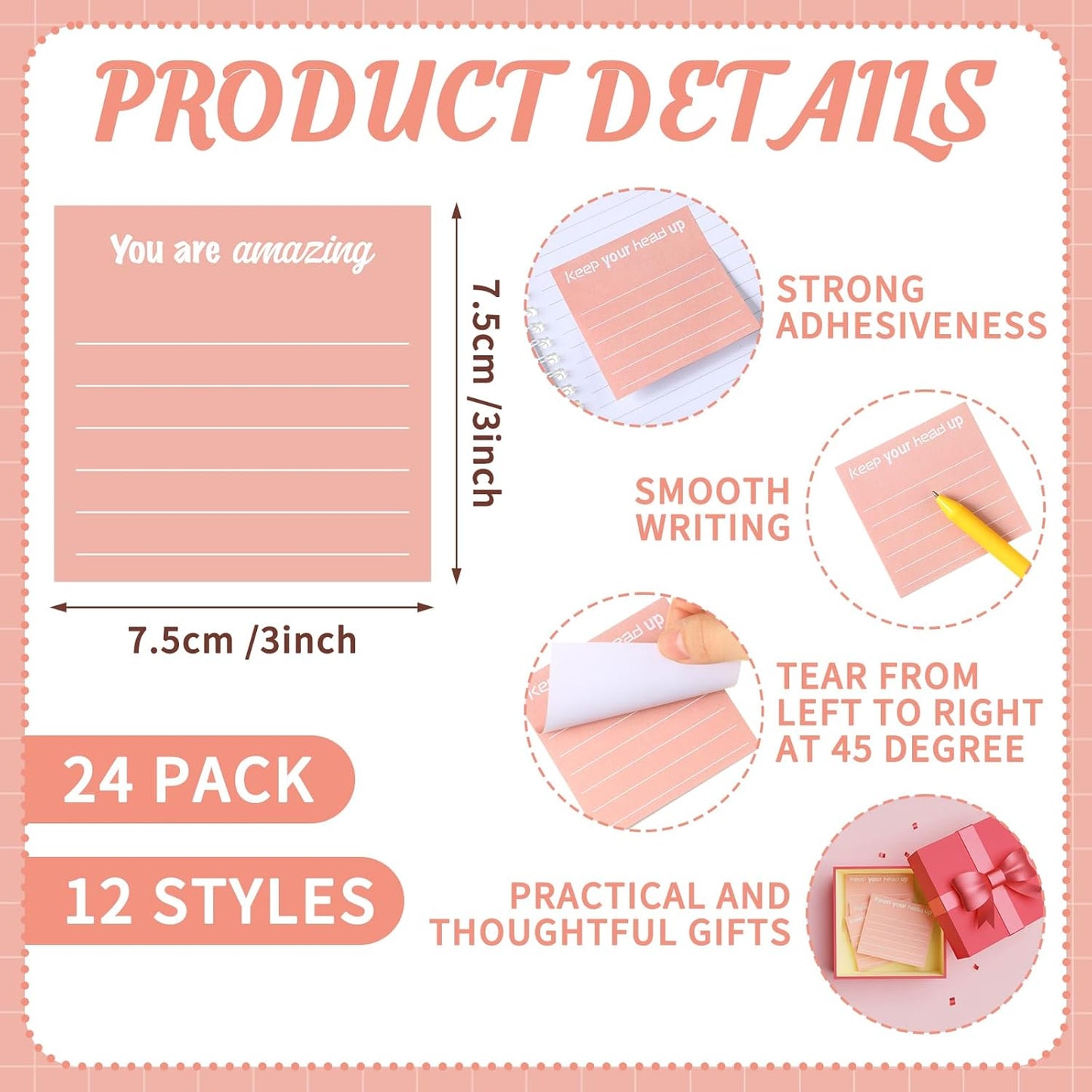 Yinder 48 Pcs Inspirational Sticky Notes Cute Motivational Sticky Notes Pad End of Year Employee Appreciation Gifts Bulk for Teacher Nurse Coworkers Office Supplies 3 x 3'' (Thank You,Dark Color)
