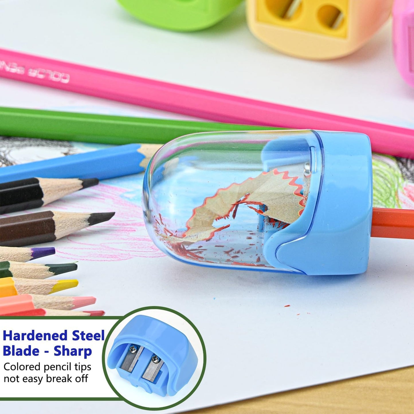 Colored Manual Pencil Sharpeners in Bulk, BOPART 24pcs Small Handheld Pencil Sharpener Dual Holes with Lid for Kids Adults at Classroom School Office Home (24Pcs Sharpeners - D)