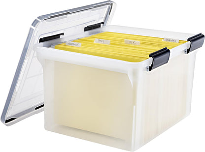 IRIS USA File Box, File Organizer w/Hinged Split Lid for Letter File, Important Document Box, Plastic Storage Filing Bin for Moving, Stackable Nestable Portable, Pearl 44 Qt. 4 Pack