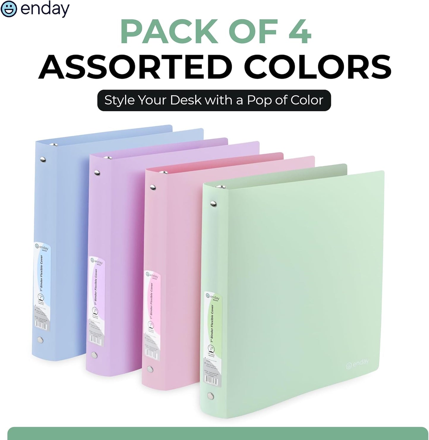 Enday 3 Ring Binder 1 inch (4 Pack) Pastel Flexible Binders Round Ring with Pocket, Holds 175 Sheets, for Home and School Supplies in Blue, Purple, Pink and Green – by Enday