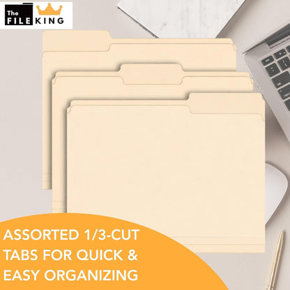 The File King 1/3 Cut File Folders Letter Size - 100 Pack | Manilla Folders 8.5 x 11 | Assorted 3 Tabs | Heavy Duty 11-Point Fiber | Made in USA | Undercut Front Style | Easy Labeling & Organization