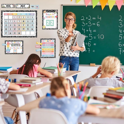 Whaline Composition Notebook Calender Bulletin Board Decorations Composition Classroom Calender Set with Chart Cutouts for Back to School Party Supplies