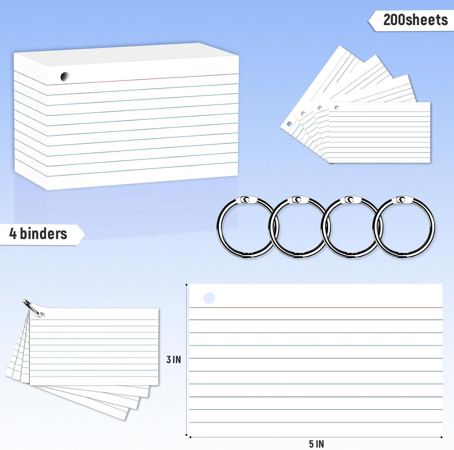 200 Count 3 x 5 Inch Purple Index Cards with Binder Rings, Lined & Blank Study Cards, Thick Cardstock Flash Cards for Students & Teachers, Color-Coded Notecards for School, Home, Work