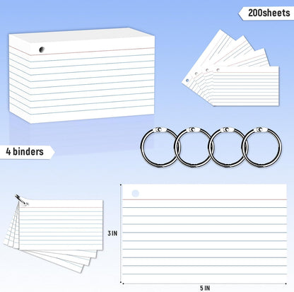 200 Count 3 x 5 Inch Purple Index Cards with Binder Rings, Lined & Blank Study Cards, Thick Cardstock Flash Cards for Students & Teachers, Color-Coded Notecards for School, Home, Work