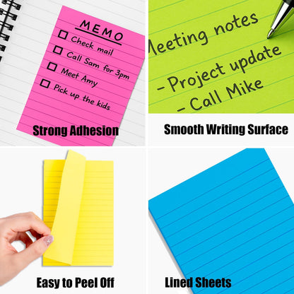 12 Pack Lined Sticky Notes, 3x3 Inch & 4x6 Inch, Ruled Self-Stick Memo Pads, Sticky Notes for Writing, to-Do Lists, Office, School, Home (Neon, 4x6 in)
