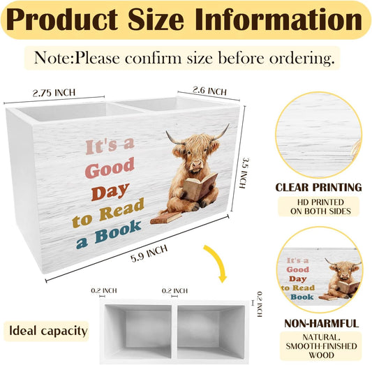 Highland Cow Reading Book Pen Holder for Desk, Book Lover Reader Gifts Pencil Organizer, Highland Cow Gifts Wooden Box Sign Desk Decor for Reading Room Library Classroom Decoration