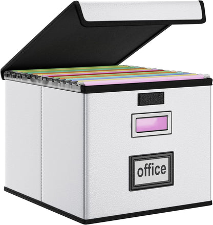 Huolewa Upgraded Portable File Organizer Box with Lid, Collapsible Linen Hanging Filing Storage Boxes with Plastic Slides, Decorative Home/Office Filing System Box for File and Folders Storage (Gray)