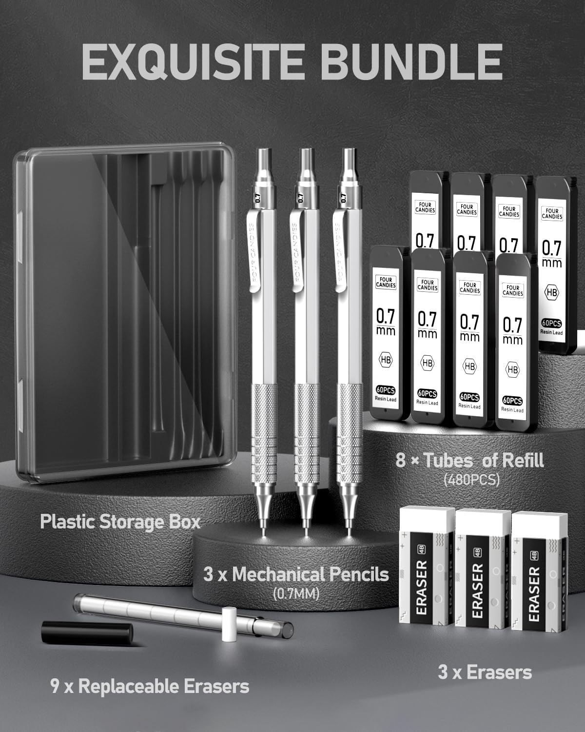 Four Candies Mechanical Graphite Pencil Set, 3pcs Black Metal Pencils with Anti-Skid Grip, Ideal for Artists, Professionals, Teachers and Students