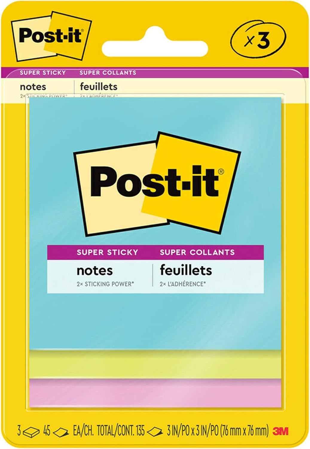 Post-it Super Sticky Notes, 3 Sticky Note Pads, 3 x 3 in., School Supplies, Office Products, Sticky Notes for Vertical Surfaces, Monitors, Walls and Windows, Supernova Neons Collection