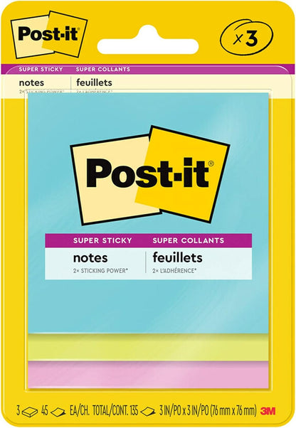 Post-it Super Sticky Notes, 3 Sticky Note Pads, 3 x 3 in., School Supplies, Office Products, Sticky Notes for Vertical Surfaces, Monitors, Walls and Windows, Supernova Neons Collection