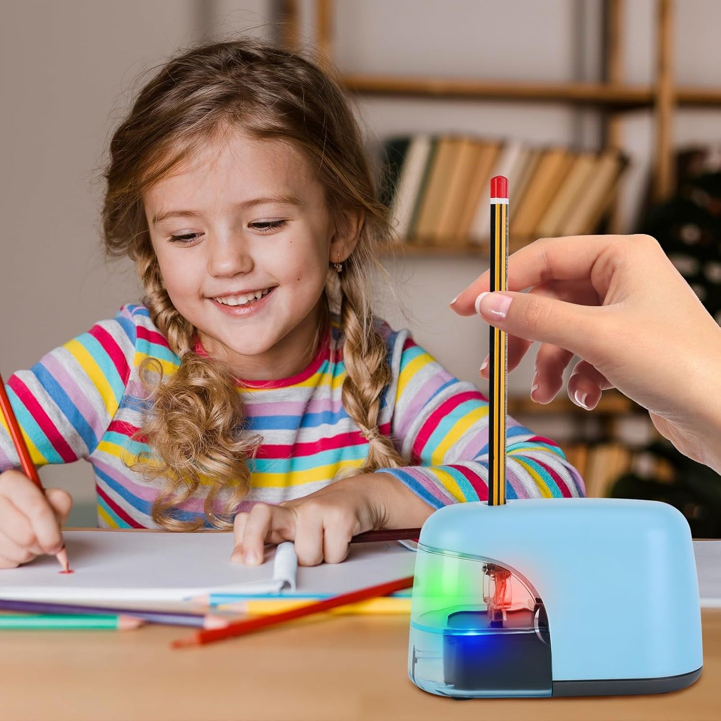 Battery-Operated Electric Pencil Sharpener with LED Light – Compact & Portable Pencil Sharpener for Home, School, or Office Use (Pink)