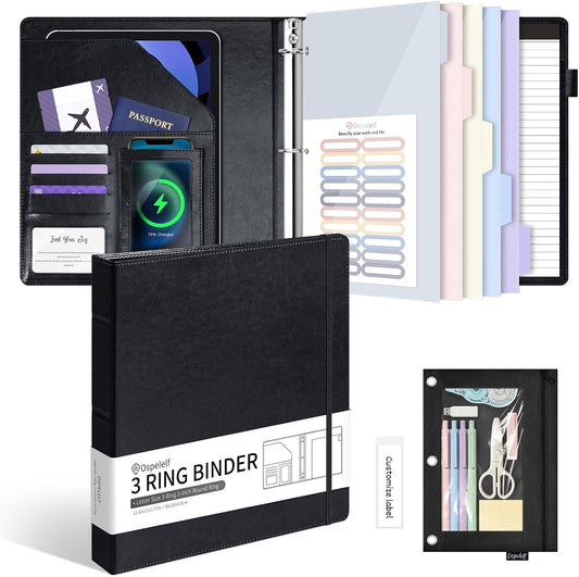 Ospelelf Leather 3 Ring Binder for Letter Size Documents with PVC Pocketed Dividers, 1 Inch Round Rings, Holds 175 Sheets, Binders with Storage Bag & Notepad, for Office School Home Organization, pink
