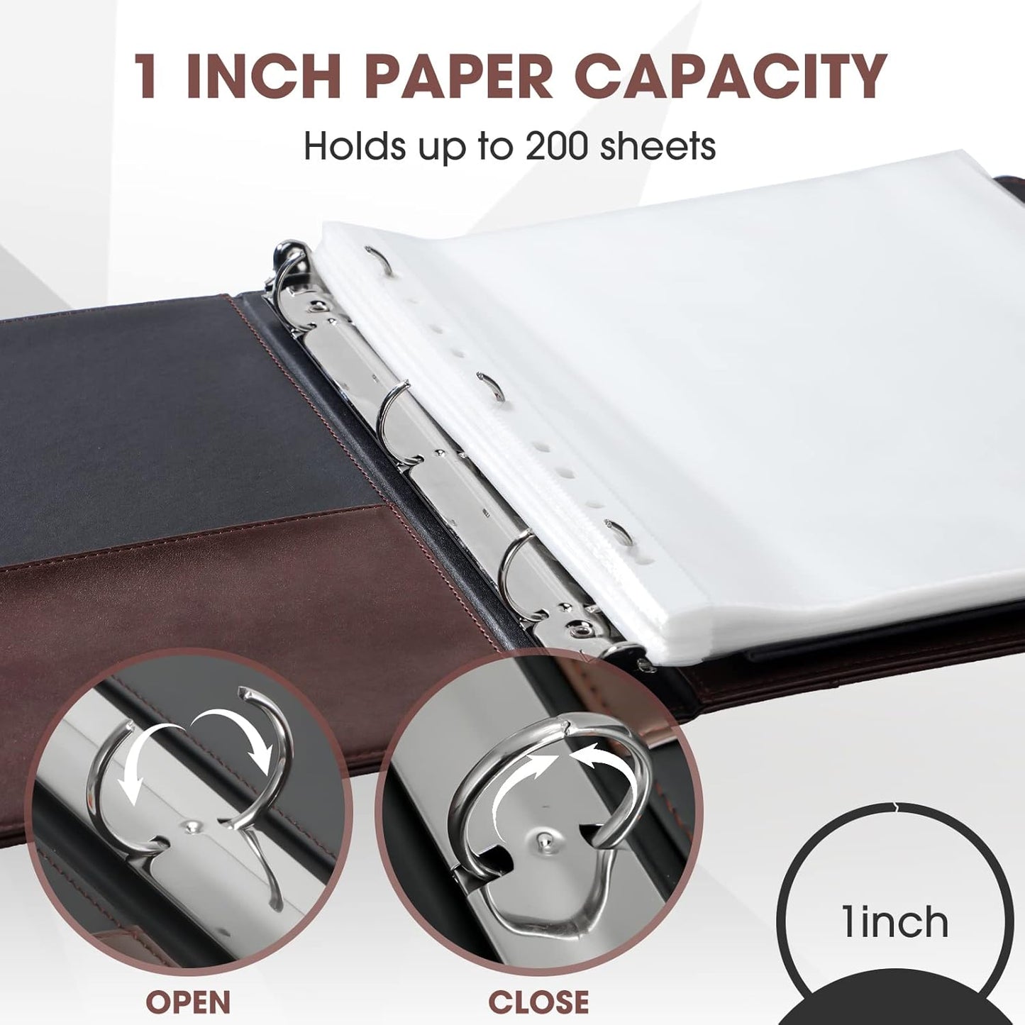 Yexiya 4 Pcs Vintage Hardback 3 Ring Binder Planner Portfolio Leather Round Ring Binder Organizer Holds 200 Sheets with 2 Inner Pockets, 13 x 10 Inch(1 Inch,Black)