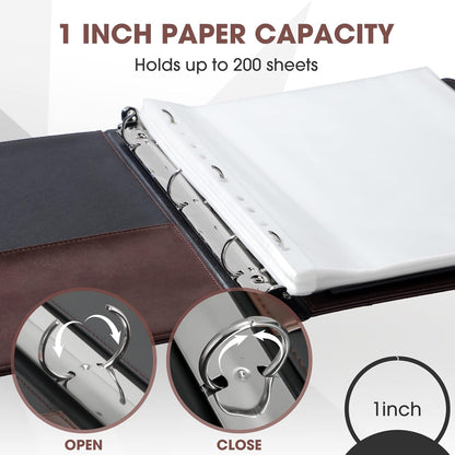 Yexiya 4 Pcs Vintage Hardback 3 Ring Binder Planner Portfolio Leather Round Ring Binder Organizer Holds 200 Sheets with 2 Inner Pockets, 13 x 10 Inch(1 Inch,Black)