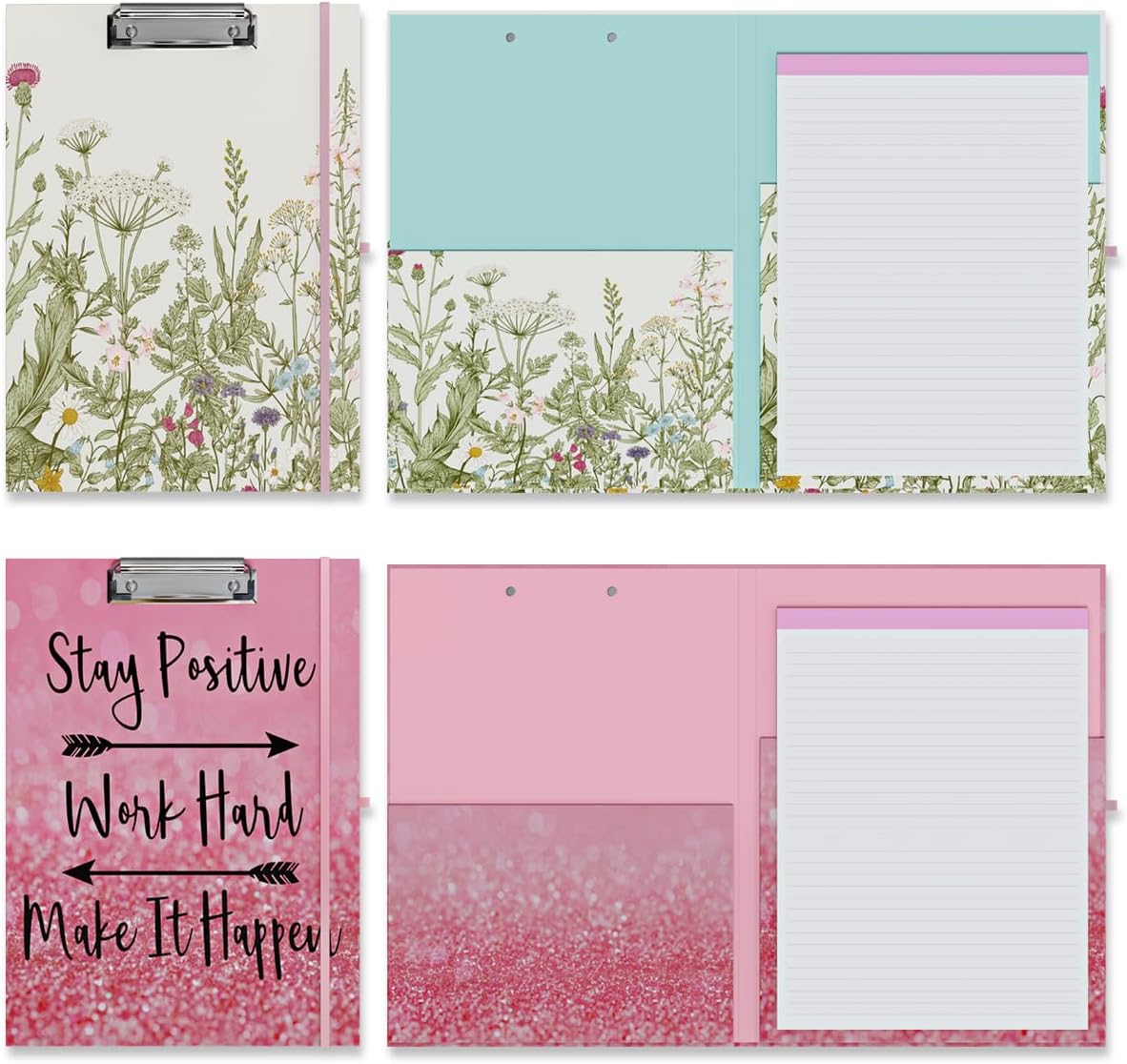 Clipboard Folio with Refillable Lined Notepad, Low Profile Clip and Interior Storage Pocket, Cute Clipboard Folder Design for Students, Office, School, Nurse (Garden Flowers+Stay Positive)
