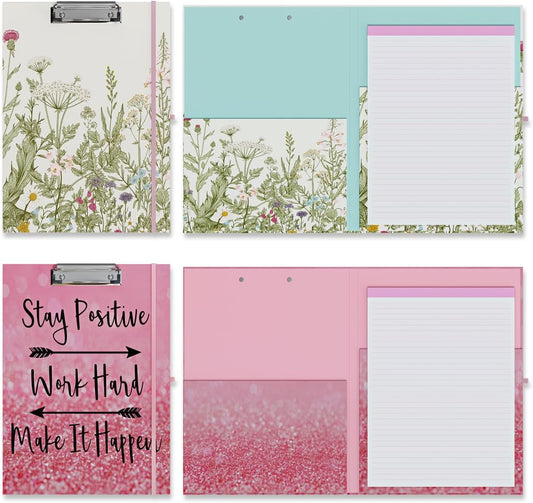 Clipboard Folio with Refillable Lined Notepad, Low Profile Clip and Interior Storage Pocket, Cute Clipboard Folder Design for Students, Office, School, Nurse (Garden Flowers+Stay Positive)