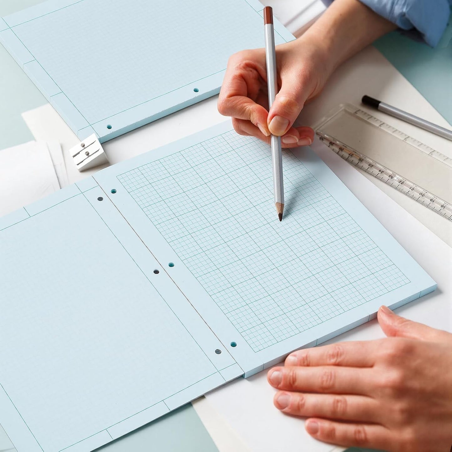 5 Pcs Engineering Paper Notebook,500 sheets Green Tint Paper,5 x 5 Graph Rule on Back,8.5 x 11 3-Hole Punched Engineering Computation Pad