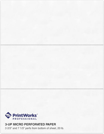 PrintWorks Professional 3 2/3" Horizontal Perforated Paper 8.5” x 11” - Perfect For W-2, 1099, & Statement Use - Made in the USA - 500 Sheets - 20 lb - Printer Compatible - White (04124)