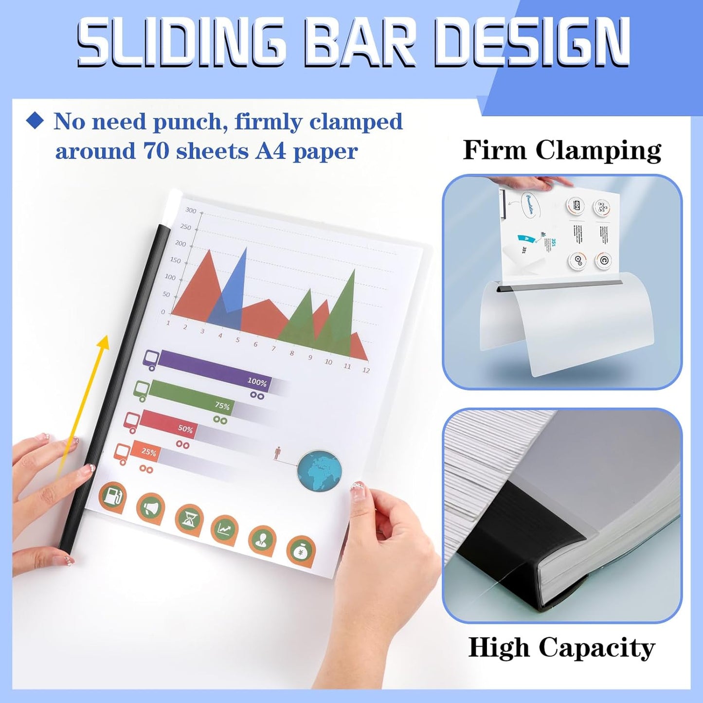 13 Pack Report Covers with Sliding Bar, Clear Report Covers for A4 and Letter Size Paper, Presentation Folders Resume Document Covers for School Office, Black