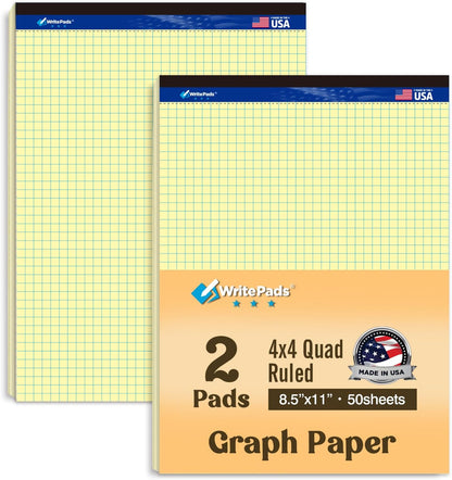 Graph Paper Pads 8.5 x 11, 4x4 Quad Ruled Graph Paper, 2 Pack, 50 Sheets Per Pad, White Graphing Paper Notebook with Sturdy Back & Micro-Perforated Pages, Made in USA, for School, Math, Drafting & Office