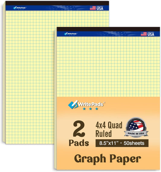 Graph Paper Pads 8.5 x 11, 4x4 Quad Ruled Graph Paper, 2 Pack, 50 Sheets Per Pad, White Graphing Paper Notebook with Sturdy Back & Micro-Perforated Pages, Made in USA, for School, Math, Drafting & Office