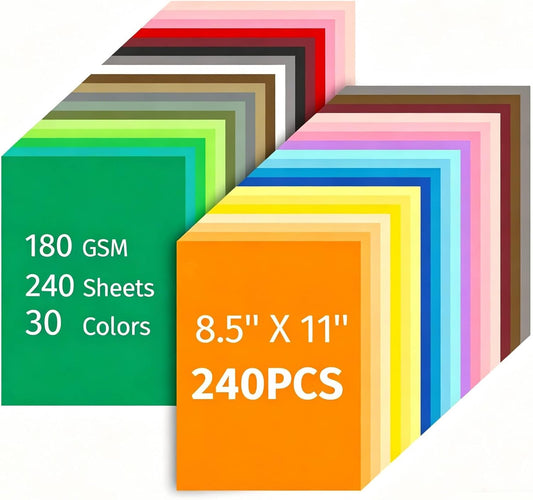 INFOOD 240 Sheets 8.5" X 11" Colored Cardstock Bulk, 30 Assorted Colors Construction Paper Card Stock Paper for Printing, Card Making, DIY Crafts, School & Office Supplies, Party Decorations, 180 GSM