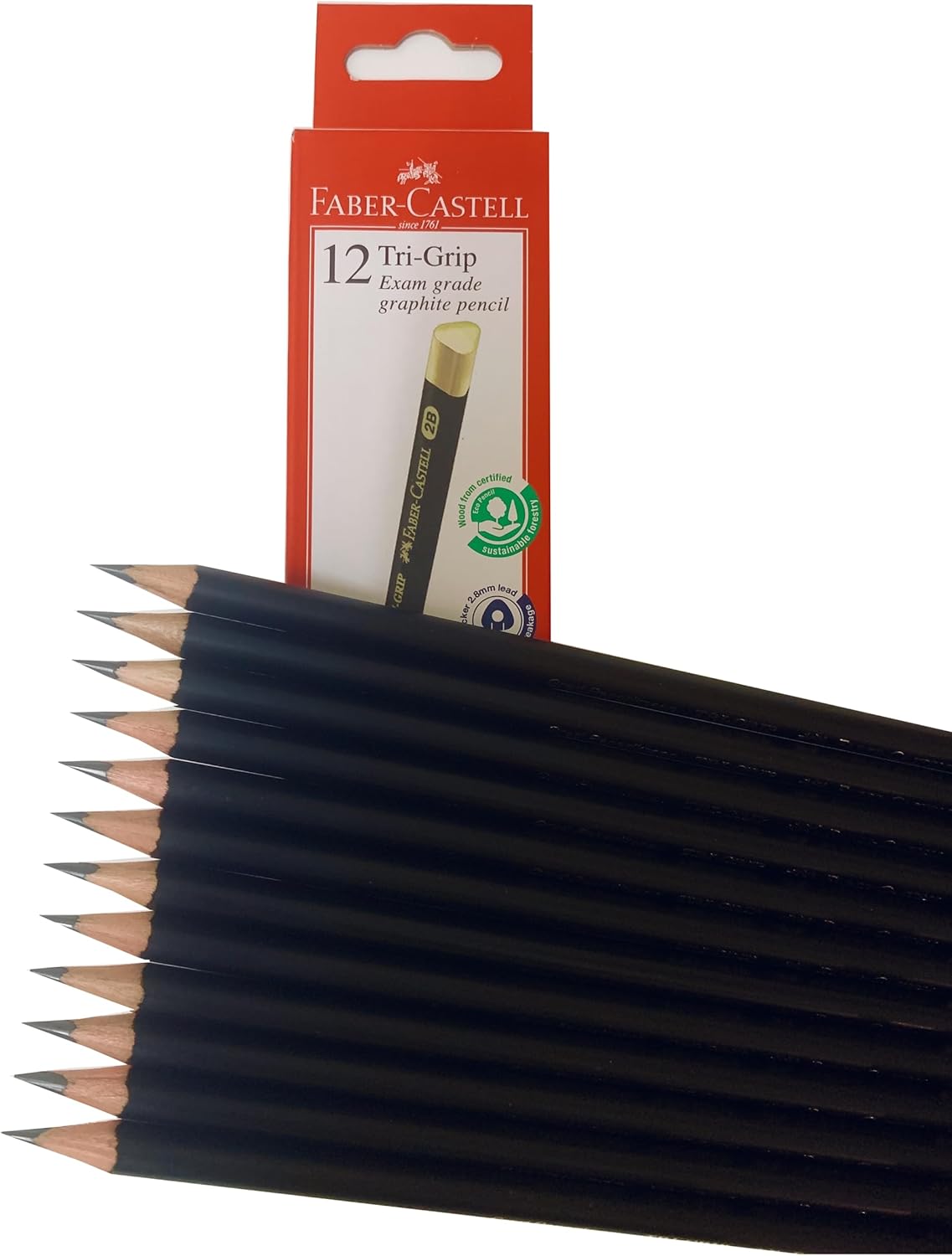 Faber-Castell Wooden Tri-Grip Exam Grade Graphite 2B Pencils, Smooth and Dark Pre-sharpened Wood Pencils - Box of 12