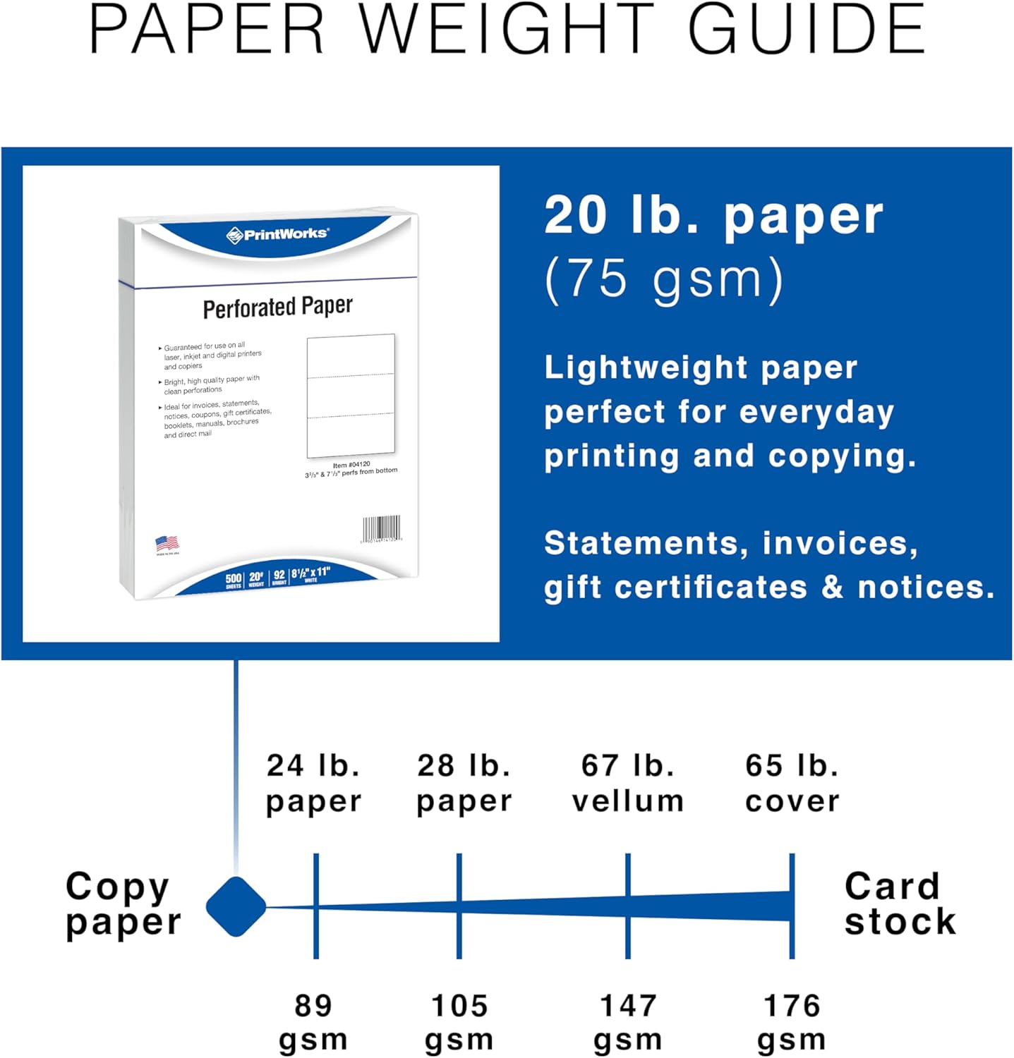 PrintWorks Professional 3 2/3" Horizontal Perforated Paper 8.5” x 11” - Perfect For W-2, 1099, & Statement Use - Made in the USA - 500 Sheets - 20 lb - Printer Compatible - White (04124)