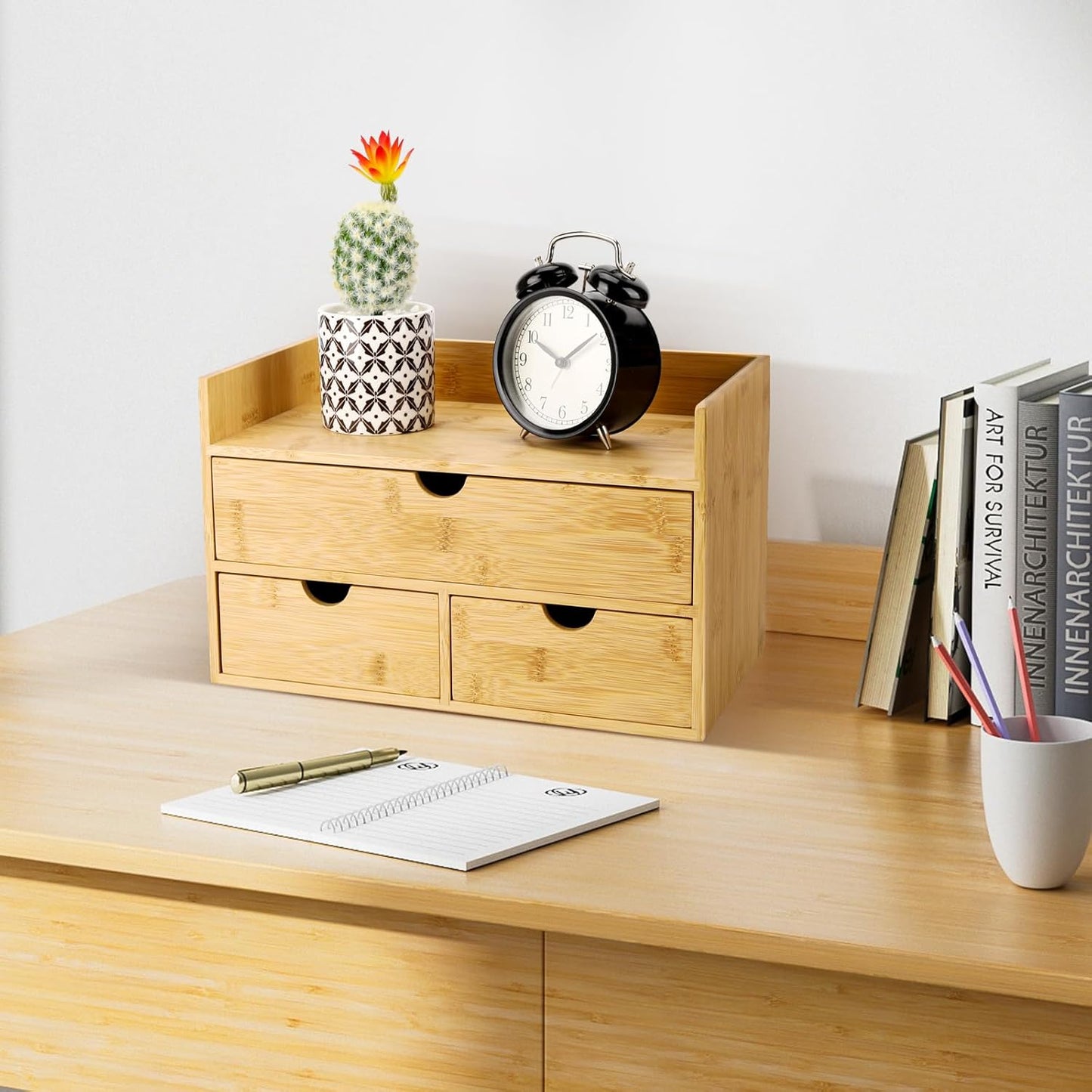 Charmewooden Bamboo Desk Organizer With Drawers Countertop Drawers Counter Storage Box Corner Desk Organizer for Home Office No Assembly Required (3 Drawers)
