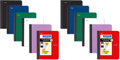 Five Star Composition Books + Study App, 6 Pack, College Ruled Paper, 9-3/4" x 7-1/2", 80 Sheets, Black, Red, Green, Blue, Purple, White (850065A-ECM)