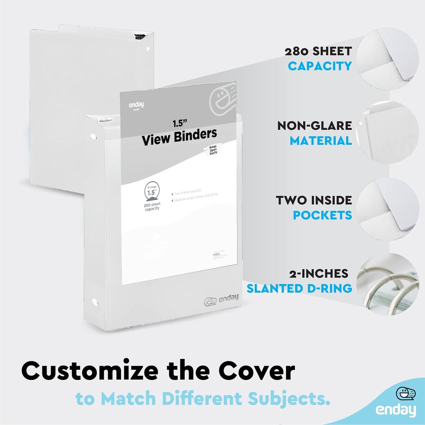 3 Inch Binder 3 Ring Binders Green, Slant D-Ring 3” Clear View Cover with 2 Inside Pockets, Heavy Duty Colored School Supplies Office and Home Binders – By Enday