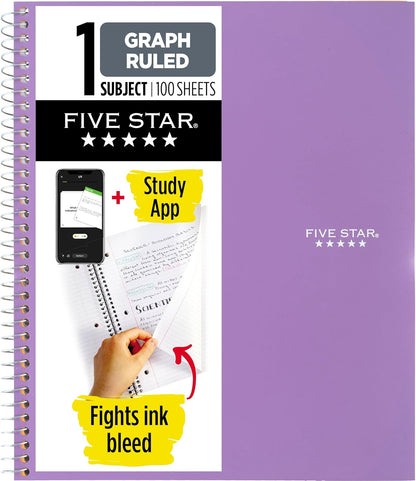 Five Star Spiral Notebook + Study App, 1 Subject, Graph Ruled Paper, 8-1/2" x 11", 100 Sheets, Fights Ink Bleed, Water Resistant Cover, Tidewater Blue (06190AA4)