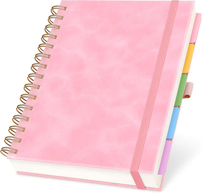 Hardcover Leather Lined Spiral Notebook 8x10" with Removable Dividers - Black - 300 Pages 5 Subject College Ruled Notebook for Work with Tabs, Pockets, and Pen Loop for Note Taking, Large Journal