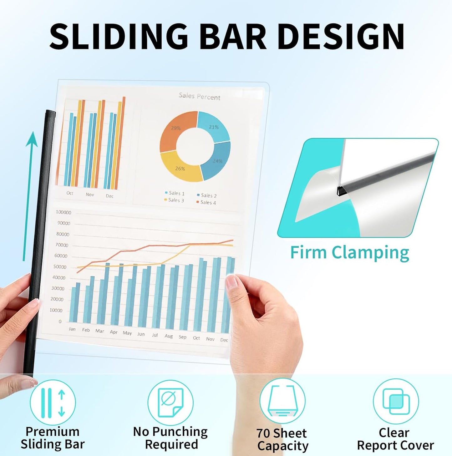 Binditek 12 Pack Clear Report Covers with Black Sliding Bars, 70 Sheet Capacity, 9mm Binding Bars, Letter Size, 5.5 Mil Thick, Black, for Students and Coworkers