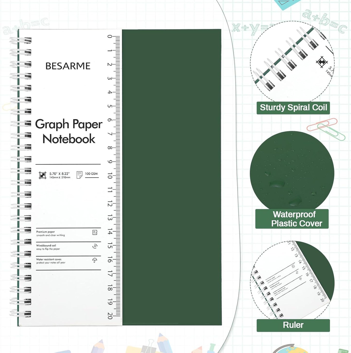 BESARME 4 Pack Graph Paper Notebook A5 Grid Paper Notebooks Waterproof Plastic Graphing Spiral Journal 5.7" x 8.22" Engineering Notebooks for Work School Supplies, 640 Pages 100 GSM
