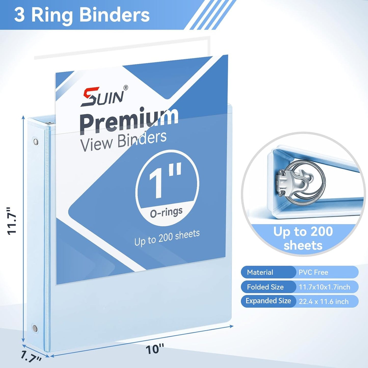 SUIN 1 Inch 3 Ring Binder, Clear 1'' View Presentation Binders with 2 Pockets, Fits 8.5 x 11 Letter Size, Durable Polypropylene, Non-Stick & PVC-Free for School, Office & Home (Orange)