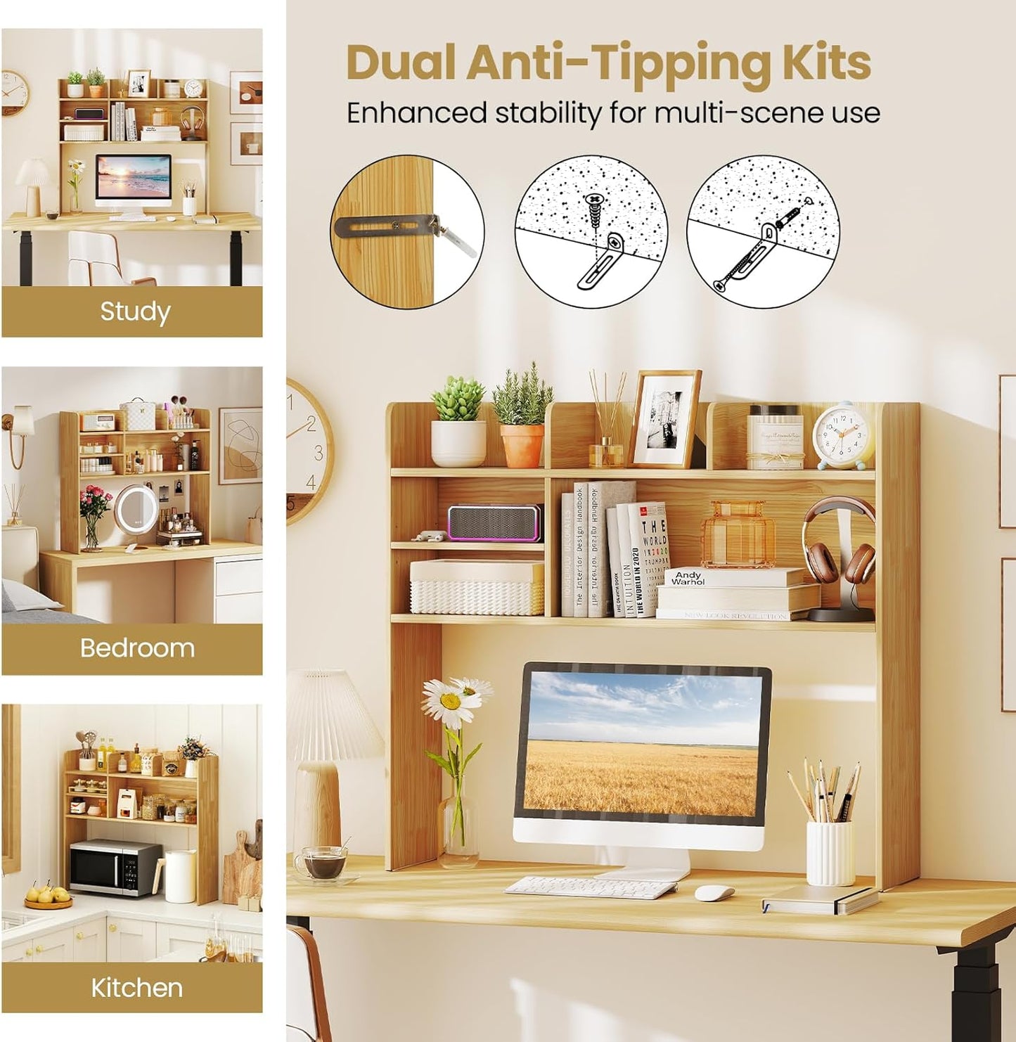 Tangkula Desktop Bookshelf, Countertop Storage Hutch with 5 Shelves for Computer Desk, Desk 3-Tier Display Rack, Multipurpose Wood Desktop Hutch Storage Organizer for Dorm Office Home