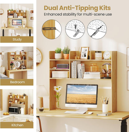 Tangkula Desktop Bookshelf, Countertop Storage Hutch with 5 Shelves for Computer Desk, Desk 3-Tier Display Rack, Multipurpose Wood Desktop Hutch Storage Organizer for Dorm Office Home