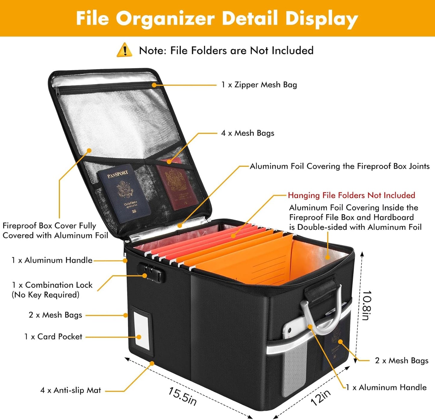 TOMKID Fireproof Document Box, Fireproof File Box with Lids, Important Document Organizer Box with Lock, Portable File Folder Organizer with Handle