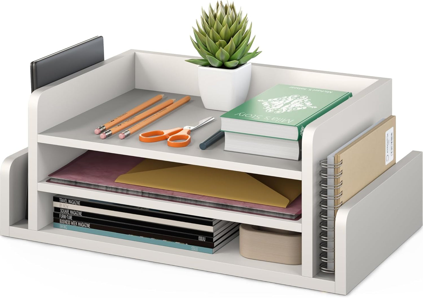 Ballucci 3-Tier Desk Organizer with 2 Side Mail Sorter Slots, Wood Letter Tray, Open Top Paper Organizer, Desktop File Organizer, Black