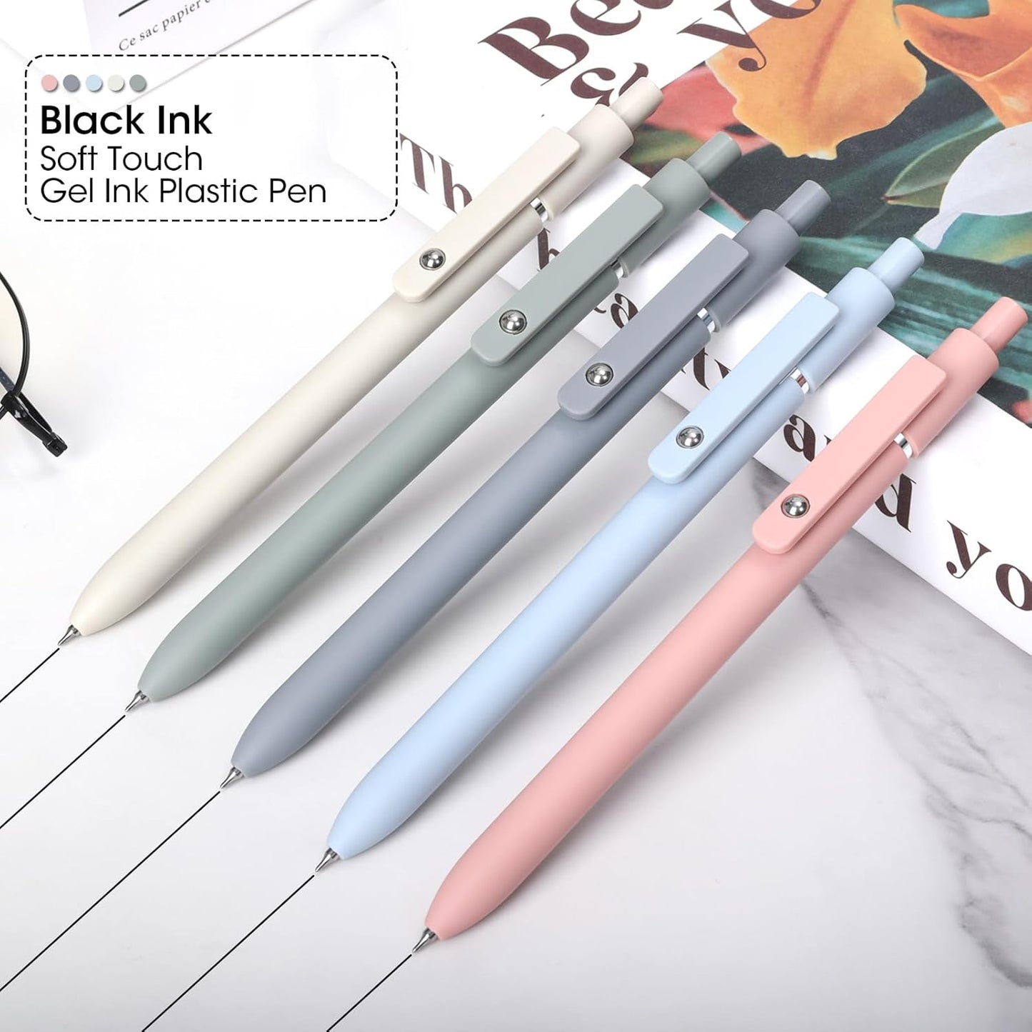 FIOVER 5pcs Gel Pens Quick Dry Ink Pens Fine Point Premium Retractable Rolling Ball Gel Pens Black Ink Smooth Writing for School Office Home