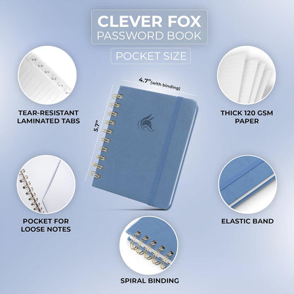 Clever Fox Password Book Spiral – Internet Address & Password Organizer with Laminated Alphabetical Tabs – Password Keeper Journal – Hardcover, Medium Size, 6.1x7.7” (Mystic Blue)