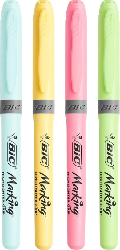 BIC Highlighter Grip Pastel, Highlighter Pens with Adjustable Chisel Tip, Rubber Grip for Extra Comfort, Assorted Colours, Pack of 6