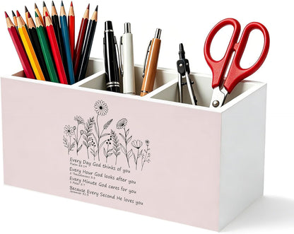 Don't Overthink It Inspirational Pencil Pen Holder for Desk, Pink Positive Affirmations Wooden Box Sign Pen Holder Organizer for Home Office School Desk Accessories