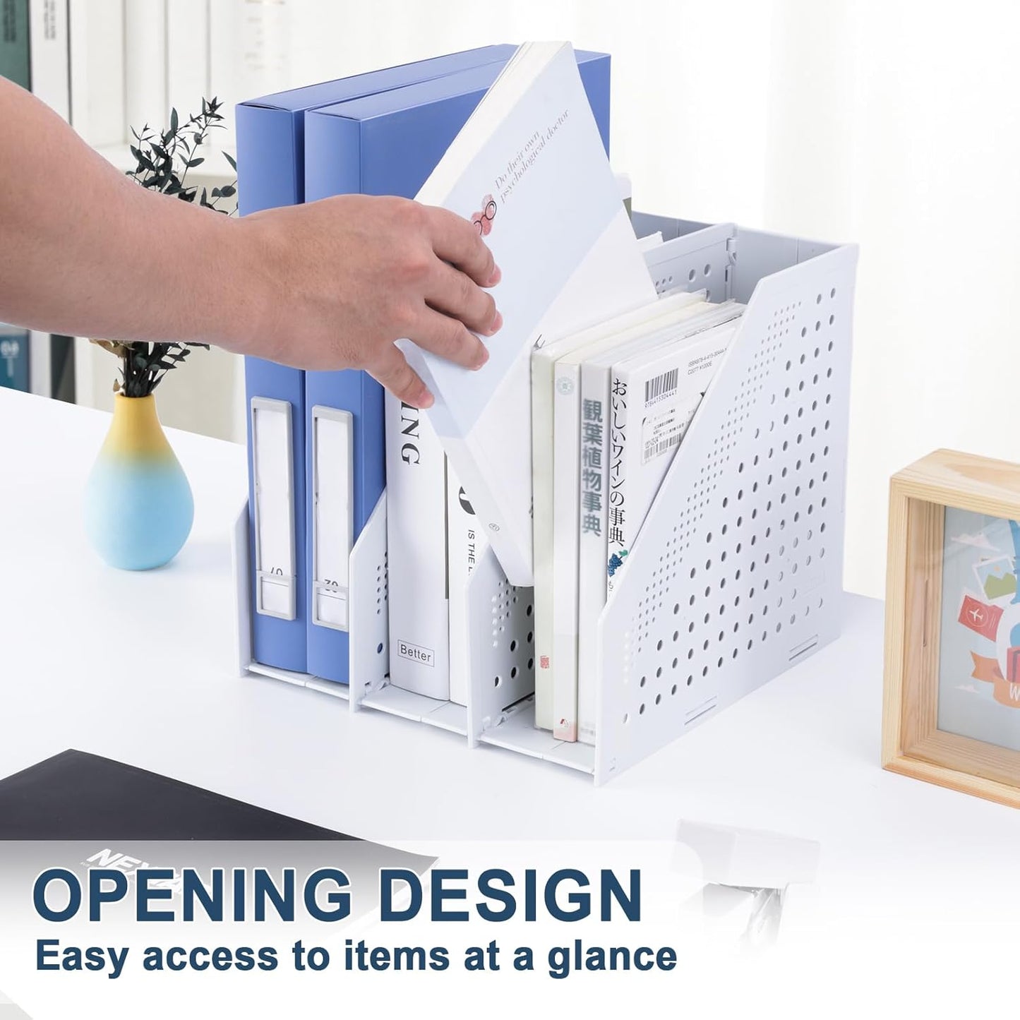 FRETONBA Collapsible Magazine File Holder with 2 Vertical Compartments Foldable Binder Holder for Desk Binder Storage Organizer Plastic Magazine Holders for Shelf, Light Gray