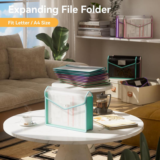 ABC life 6 Pack Plastic Expanding File Folder, Folders for Documents with Snap Closure, Colorful File Folder Organizer Holder, Transparent Accordion File Pouch,Large Capacity, Fit Letter/A4 Size