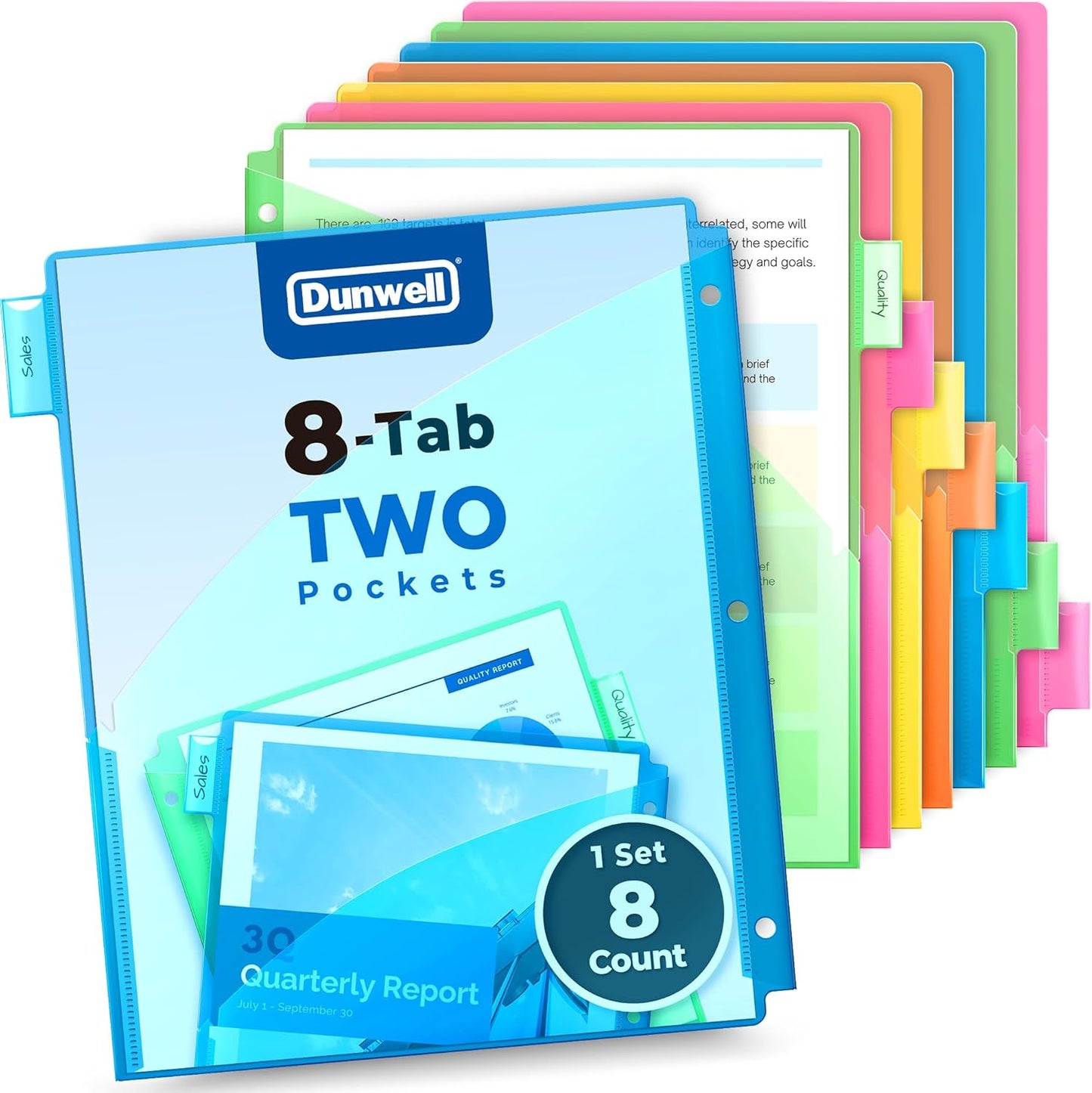 Dunwell 8-Tab Dividers with Pocket for 3-Ring Binders (3 Sets, 24 Count), Plastic One Pocket Dividers with Tabs, Slash File Jackets 3 Hole Punched for 8.5x11 Paper, Poly Pocket Notebook Dividers