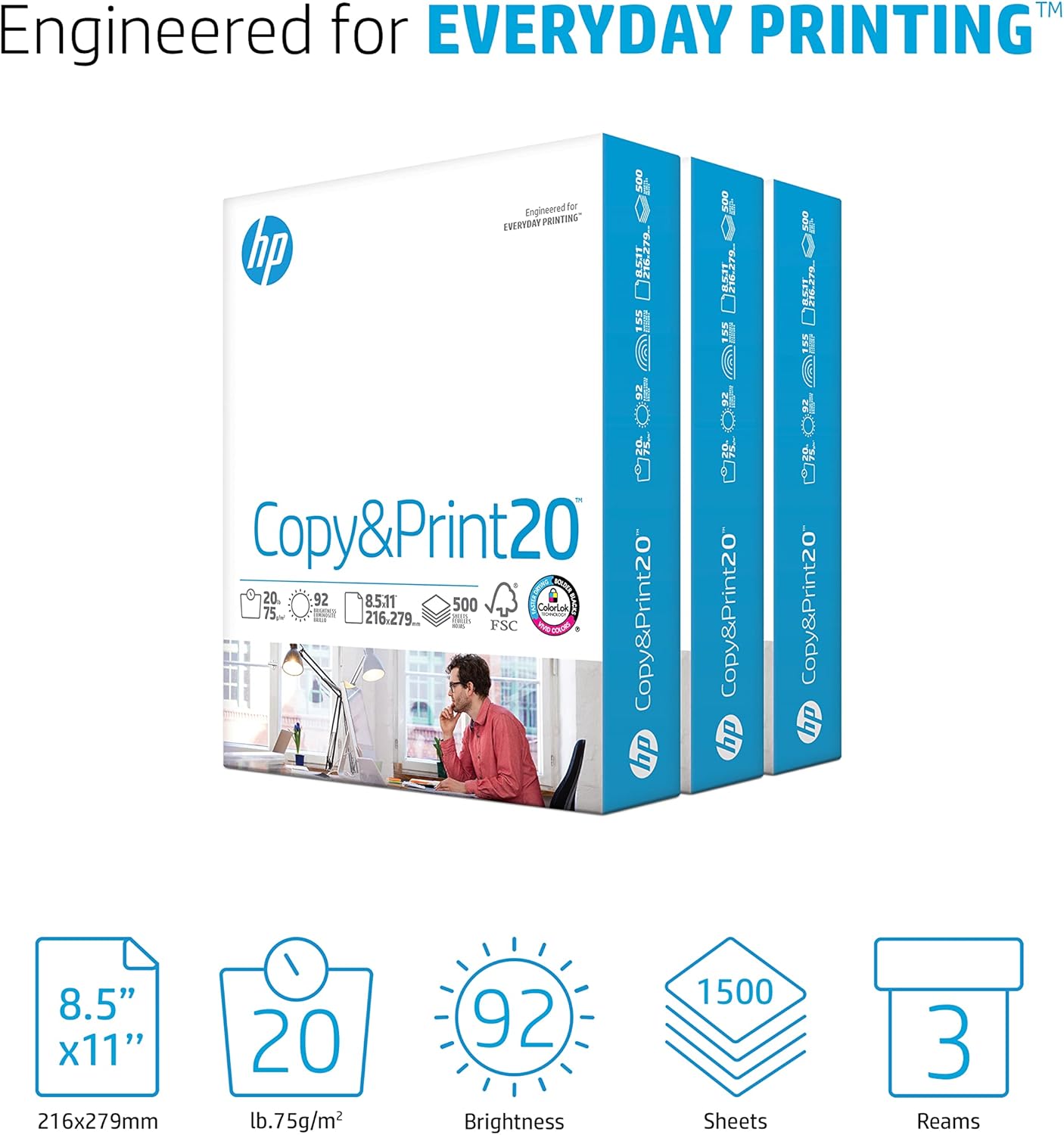 HP Printer Paper | 8.5 x 11 Paper | Copy &Print 20 lb | 1 Ream Case - 500 Sheets| 92 Bright | FSC Certified | 200060